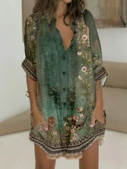 Women's Shirt Dress Casual Dress Shift Dress Mini Dress Outdoor Daily Vacation Polyester Casual Vintage Retro Stand Collar Button Pocket Long Sleeve Summer Spring Fall 2023 Regular Fit Green Floral S