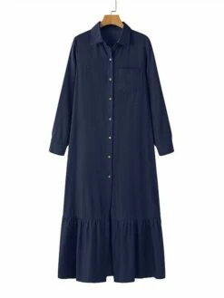 Women's Shirt Dress Casual Dress Maxi Long Dress Outdoor Daily Cotton Fashion Casual Shirt Collar Ruffle Button Long Sleeve Summer Spring Fall 2023 Regular Fit Navy Blue Blue Plain S M L XL XXL -LIGHTINTHEBOX Shop zmyouo1688023846792