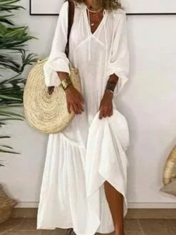 Women's Casual Dress Swing Dress Long Dress Maxi Dress White Long Sleeve Pure Color Patchwork Winter Fall Autumn V Neck Winter Dress Weekend Fall Dress 2023 S M L XL 2XL 3XL