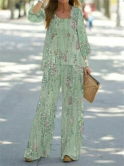 Women's Shirt Pants Sets Yellow Pink Blue Graphic Print Long Sleeve Casual Daily Streetwear Daily Crew Neck Regular Fit Fall & Winter