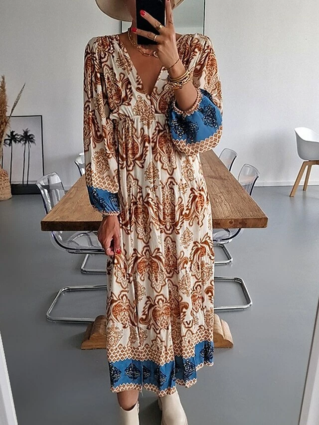 Women's Casual Dress Print Dress Spring Dress Floral Ruched Print V Neck Midi Dress Active Streetwear Outdoor Street Long Sleeve Regular Fit Black Fuchsia Green Spring Fall S M L XL XXL 5 Women's Casual Dress Print Dress Spring Dress Floral Ruched Print V Neck Midi Dress Active Streetwear Outdoor Street Long Sleeve Regular Fit Black Fuchsia Green Spring Fall S M L XL XXL - Image 3