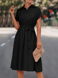 Women's Shirt Dress Casual Dress Midi Dress Outdoor Daily Date Polyester Casual Classic Shirt Collar Lace Up Ruched Short Sleeve Summer Spring 2023 Loose Fit Black Blue Rose Red Plain S M L XL -LIGHTINTHEBOX Shop zofuqi1677739298409