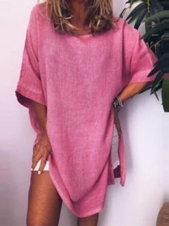 Women's Cotton Linen Dress A Line Dress Mini Dress Cotton Blend Casual Comfort Home Daily Crew Neck Rolled Cuff Half Sleeve Summer Spring Loose Fit White Pink Blue Pure Color S M L XL 2XL -LIGHTINTHEBOX Shop zoilvr1654067366460