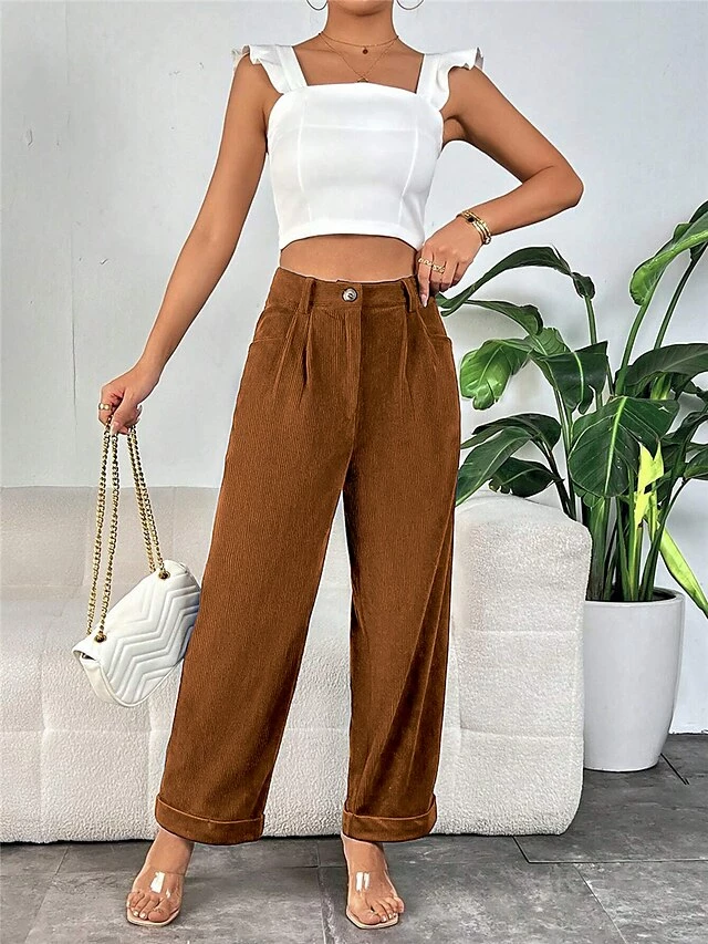 Women‘s Chinos Corduroy Pants Trousers Straight Full Length Micro-elastic High Waist Fashion Streetwear Street Daily Dark Brown S M Fall Winter 7 Women‘s Chinos Corduroy Pants Trousers Straight Full Length Micro-elastic High Waist Fashion Streetwear Street Daily Dark Brown S M Fall Winter - Image 5