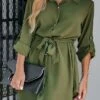 Women's Shirt Dress Casual Dress Mini Dress Outdoor Daily Polyester Basic Classic Shirt Collar Lace Up Button Long Sleeve Spring Fall Winter 2023 Loose Fit Green Pure Color S M L XL -LIGHTINTHEBOX Shop zopoqs1693200107868