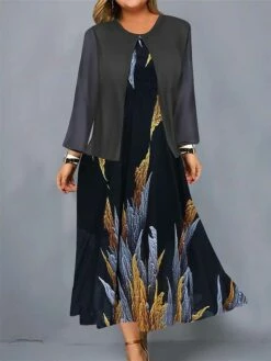 Women's Plus Size Curve Casual Dress Dress Set Two Piece Dress Floral Midi Dress Long Sleeve Print Crew Neck Mature Outdoor Black Wine Fall Winter L XL XXL 3XL 4XL