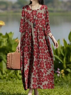 Women's Casual Dress Cotton Linen Dress Swing Dress Midi Dress Linen / Cotton Blend Sweet Style Modern Outdoor Daily Holiday Crew Neck Print 3/4 Length Sleeve Fall Winter Autumn 2023 Loose Fit Yellow -LIGHTINTHEBOX Shop zpdnkv1693553158354