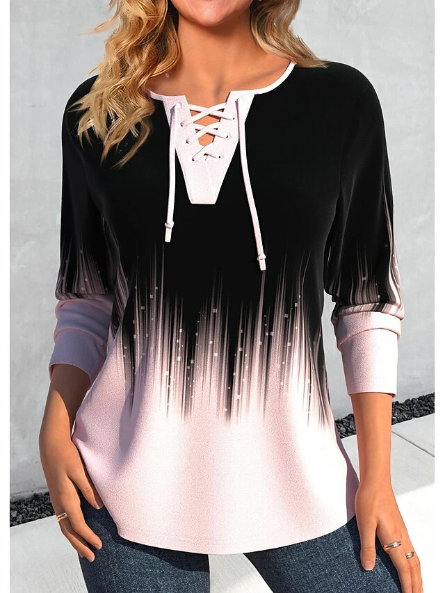 Women's T Shirt Tee Black Color Gradient Print Long Sleeve Daily Weekend Fashion V Neck Regular Fit Painting Spring &Fall 4 Women's T Shirt Tee Black Color Gradient Print Long Sleeve Daily Weekend Fashion V Neck Regular Fit Painting Spring &Fall - Image 2