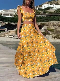 Women's Crop Top Tank Top Skirt Sets Distressed Blue Yellow Holiday Vacation Floral Ruffle Print Off Shoulder S M L XL XXL