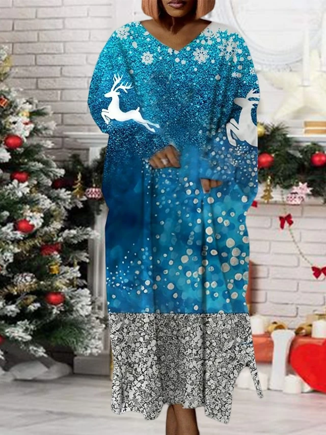 Women‘s Plus Size Christmas Dress Print V Neck Long Sleeve Winter Fall Modern Maxi Long Dress Daily Dress 4 Women‘s Plus Size Christmas Dress Print V Neck Long Sleeve Winter Fall Modern Maxi Long Dress Daily Dress - Image 2