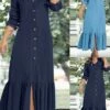Women's Shirt Dress Casual Dress Maxi Long Dress Outdoor Daily Cotton Fashion Casual Shirt Collar Ruffle Button Long Sleeve Summer Spring Fall 2023 Regular Fit Navy Blue Blue Plain S M L XL XXL