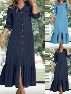 Women's Shirt Dress Casual Dress Maxi Long Dress Outdoor Daily Cotton Fashion Casual Shirt Collar Ruffle Button Long Sleeve Summer Spring Fall 2023 Regular Fit Navy Blue Blue Plain S M L XL XXL