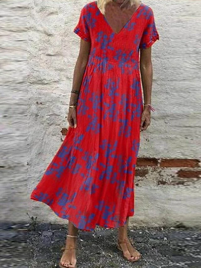 Women's Casual Dress Swing Dress Green Red Gray Short Sleeve Floral Print Spring Summer V Neck Hot Loose Fit S M L XL XXL 3XL 4XL 5XL 4 Women's Casual Dress Swing Dress Green Red Gray Short Sleeve Floral Print Spring Summer V Neck Hot Loose Fit S M L XL XXL 3XL 4XL 5XL - Image 2