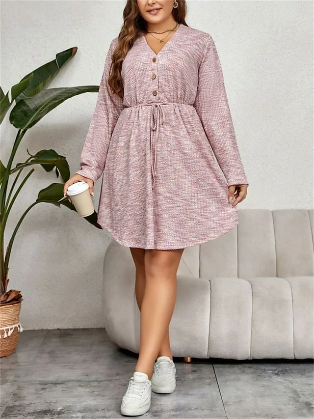 Women's Plus Size Curve Casual Dress Winter Dress Sheath Dress Plain Midi Dress Long Sleeve Lace Up Button V Neck Fashion Outdoor Pink Fall Winter XL XXL 3XL 4XL 9 Women's Plus Size Curve Casual Dress Winter Dress Sheath Dress Plain Midi Dress Long Sleeve Lace Up Button V Neck Fashion Outdoor Pink Fall Winter XL XXL 3XL 4XL - Image 7