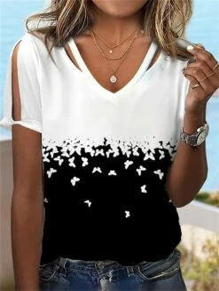 Women's T Shirt Tee Black White Blue Floral Cut Out Print Short Sleeve Holiday Weekend Basic V Neck Regular Fit Floral Painting -LIGHTINTHEBOX Shop zrkhtd1687619190150