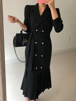 Women's Work Dress Blazer Dress Semi Formal Dress Fashion Office Daily Workfashion Midi Dress Lace Up Pleated Shirt Collar Long Sleeve Plain Loose Fit Black Apricot Fall Winter S M L XL XXL -LIGHTINTHEBOX Shop zrnkut1695805467900