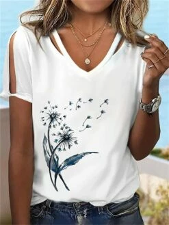 Women's T Shirt Tee Black White Blue Floral Cut Out Print Short Sleeve Holiday Weekend Basic V Neck Regular Fit Floral Painting -LIGHTINTHEBOX Shop zstspg1687619188483