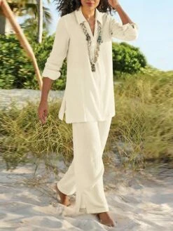 Women's Shirt Pants Sets Black Dark Navy Camel Plain Long Sleeve Casual Daily Vintage Fashion Streetwear V Neck Regular Fit Fall & Winter