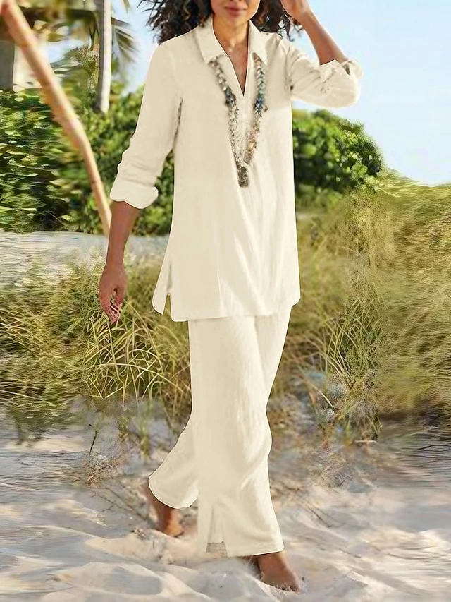 Women's Shirt Pants Sets Black Dark Navy Camel Plain Long Sleeve Casual Daily Vintage Fashion Streetwear V Neck Regular Fit Fall & Winter 3 Women's Shirt Pants Sets Black Dark Navy Camel Plain Long Sleeve Casual Daily Vintage Fashion Streetwear V Neck Regular Fit Fall & Winter