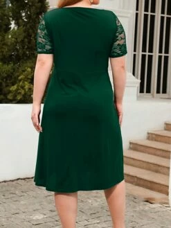 Women's Plus Size Curve Party Dress Lace Dress Semi Formal Dress Solid Color Midi Dress Short Sleeve Lace Crew Neck Fashion Party ArmyGreen Black Fall Winter XL XXL 3XL 4XL -LIGHTINTHEBOX Shop ztilxq1695813613247