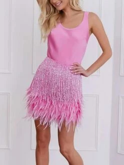 Women‘s Party Dress Homecoming Dress Wedding Guest Fringe Dress Feather Dress Mini Dress White Pink Beige Sleeveless Pure Color Tassel Fringe Summer Spring Crew Neck Fashion Party 2023 S M L XL 2XL