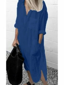 Women‘s Casual Dress Cotton Dress Shirt Dress Swing Dress Midi Dress Blue Yellow Red Long Sleeve Pure Color Pocket Summer Fall Spring Shirt Collar Basic Daily Weekend Loose Fit 2023 S M L XL XXL 3XL -LIGHTINTHEBOX Shop ztunhu1659002281570