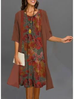 Women's Two Piece Dress Set Casual Dress Daily Vacation Modern Casual Print Midi Dress Crew Neck Half Sleeve Graphic Floral Loose Fit Wine Royal Blue Blue Summer Spring S M L XL XXL -LIGHTINTHEBOX Shop zubiof1680510942216