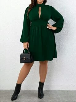 Women's Plus Size Curve Casual Dress A Line Dress Knit Dress Solid Color Midi Dress Long Sleeve Ruched Cut Out Stand Collar Fashion Outdoor Green Fall Winter XL XXL 3XL -LIGHTINTHEBOX Shop zuwpxs1697706410137