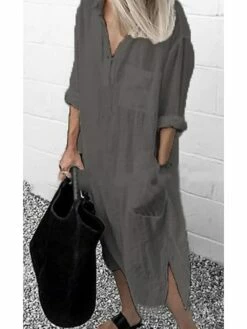 Women‘s Casual Dress Cotton Dress Shirt Dress Swing Dress Midi Dress Blue Yellow Red Long Sleeve Pure Color Pocket Summer Fall Spring Shirt Collar Basic Daily Weekend Loose Fit 2023 S M L XL XXL 3XL -LIGHTINTHEBOX Shop zuyvgo1659002284879