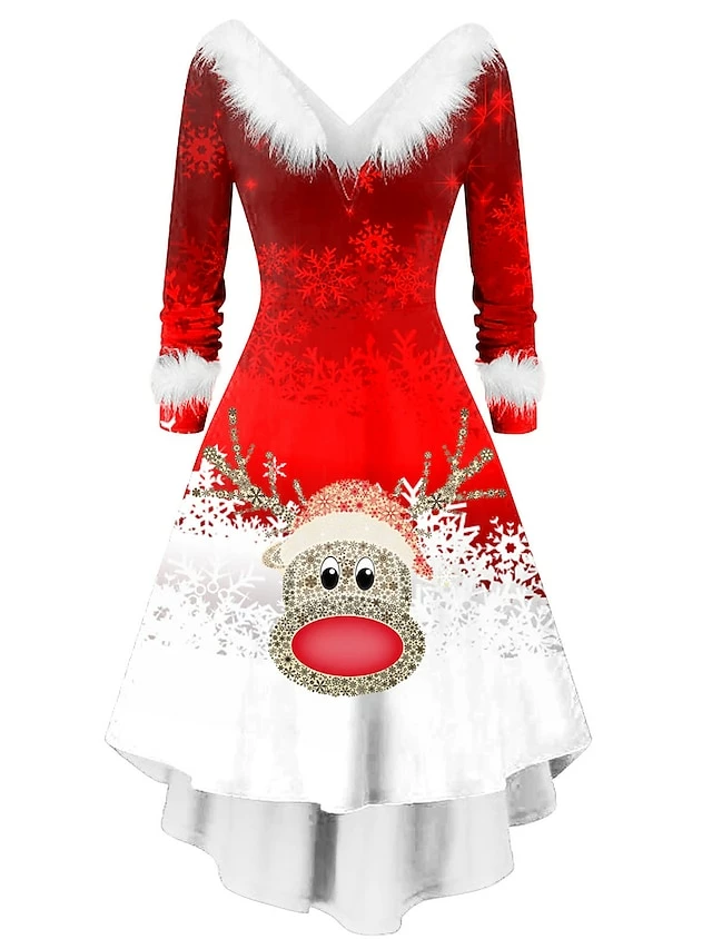 Women's Christmas Swing Dress Vintage Dress Midi Dress Green Silver Wine Red Brown White Long Sleeve Print Plus High Low Print Winter Fall V Neck Vintage Romantic Traditional 2022 S M L XL 2XL 13 Women's Christmas Swing Dress Vintage Dress Midi Dress Green Silver Wine Red Brown White Long Sleeve Print Plus High Low Print Winter Fall V Neck Vintage Romantic Traditional 2022 S M L XL 2XL - Image 11