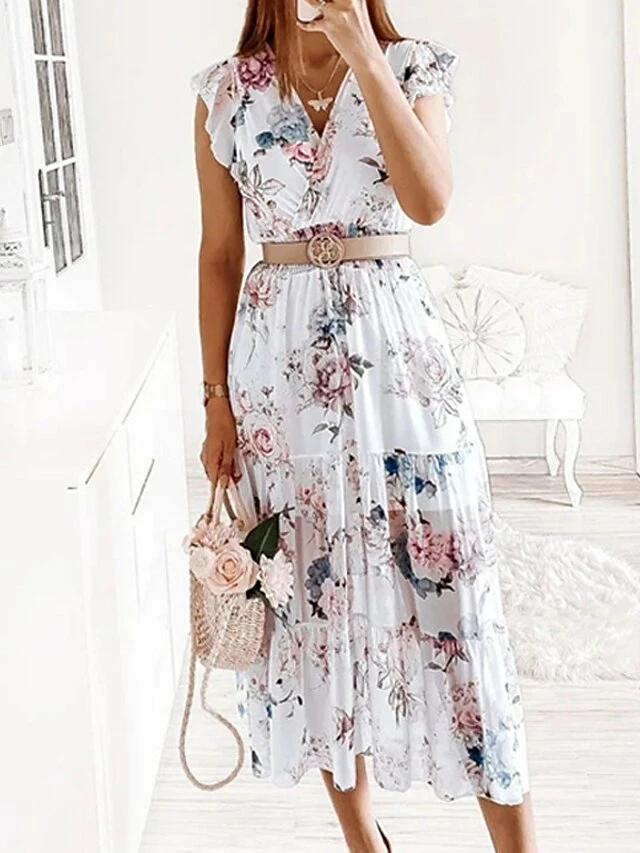 Women's Casual Dress Swing Dress Floral Dress Midi Dress Red Blue Sleeveless Floral Ruffle Summer Spring V Neck Stylish Loose Fit 2023 S M L XL 5 Women's Casual Dress Swing Dress Floral Dress Midi Dress Red Blue Sleeveless Floral Ruffle Summer Spring V Neck Stylish Loose Fit 2023 S M L XL - Image 3