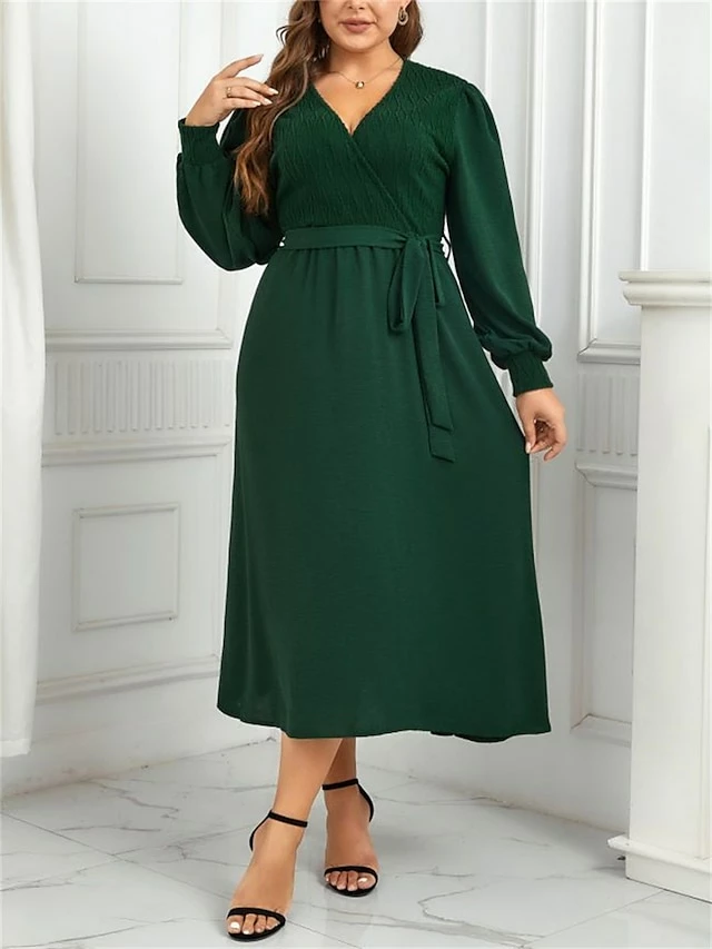 Women's Plus Size Curve Casual Dress Sheath Dress Plain Midi Dress Long Sleeve Lace Up Split V Neck Fashion Outdoor Green Fall Winter XL XXL 3XL 4XL 3 Women's Plus Size Curve Casual Dress Sheath Dress Plain Midi Dress Long Sleeve Lace Up Split V Neck Fashion Outdoor Green Fall Winter XL XXL 3XL 4XL