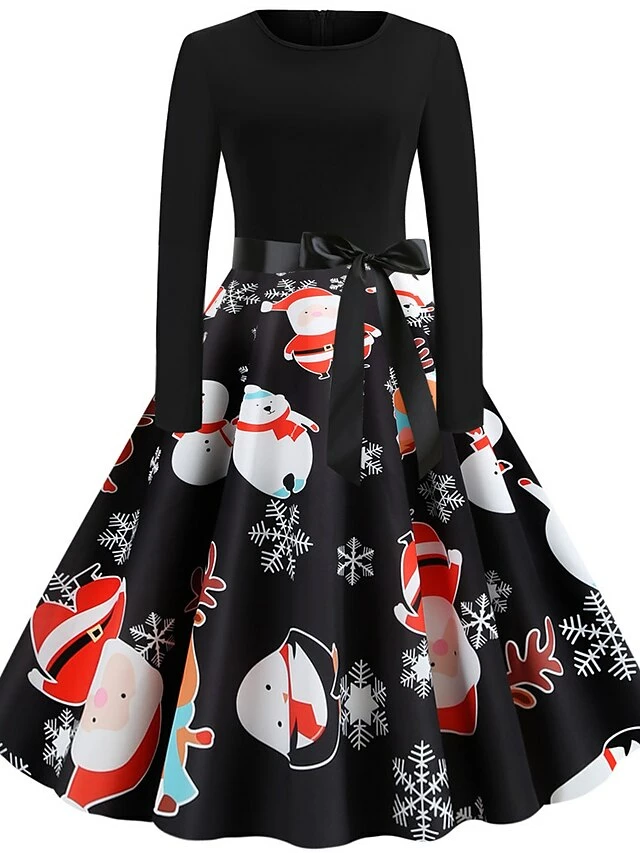 Women's Christmas Knee Length Dress Green White Black Rainbow Red Long Sleeve Print Snowflake Santa Claus Print Fall Winter Crew Neck Casual Vintage Party 2022 S M L XL XXL 6 Women's Christmas Knee Length Dress Green White Black Rainbow Red Long Sleeve Print Snowflake Santa Claus Print Fall Winter Crew Neck Casual Vintage Party 2022 S M L XL XXL - Image 4