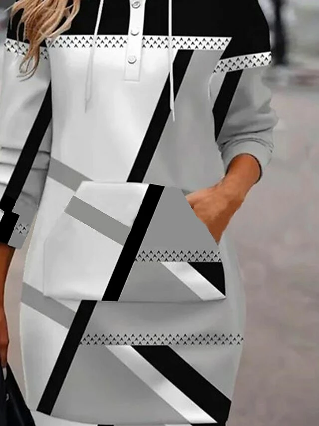 Women's Casual Dress Hoodie Dress Mini Dress Active Daily Outdoor Home Holiday Crew Neck Print Geometric Regular Fit Black S M L XL XXL 4 Women's Casual Dress Hoodie Dress Mini Dress Active Daily Outdoor Home Holiday Crew Neck Print Geometric Regular Fit Black S M L XL XXL - Image 2