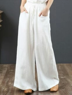 Women's Culottes Wide Leg Gauchos Pants Chinos Full Length Cotton Baggy Micro-elastic Mid Waist Vintage Chinese Style Daily Weekend Black White S M Spring