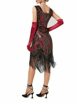Women's Retro 1920s Fringe Dress Midi Dress Party Halloween Sequins Tassel Fringe Geometric V Neck Sleeveless Regular Fit Spring Fall 2023 Black Red XS S M L -LIGHTINTHEBOX Shop zxfirl1692947260651