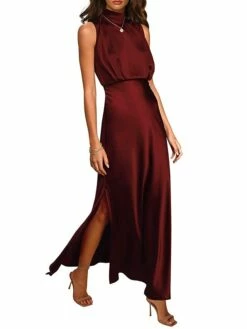 Women's Prom Dress Party Dress Satin Dress Long Dress Maxi Dress Black Light Green Wine Sleeveless Pure Color Split Summer Spring Stand Collar Fashion Evening Party Wedding Guest Vacation Loose Fit -LIGHTINTHEBOX Shop zxpnxm1678413538606