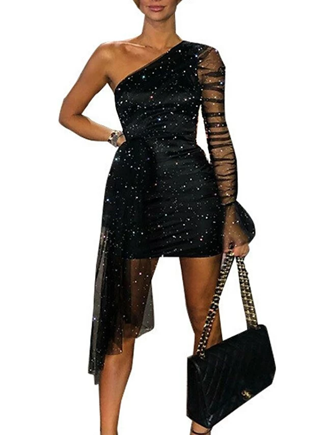 Women‘s Party Dress Wedding Guest Dress Bodycon Sheath Dress Mini Dress Black Long Sleeve Pure Color Ruched Winter Fall Spring One Shoulder Fashion Party Winter Dress Fall Dress Slim 2023 S M L XL 5 Women‘s Party Dress Wedding Guest Dress Bodycon Sheath Dress Mini Dress Black Long Sleeve Pure Color Ruched Winter Fall Spring One Shoulder Fashion Party Winter Dress Fall Dress Slim 2023 S M L XL - Image 3