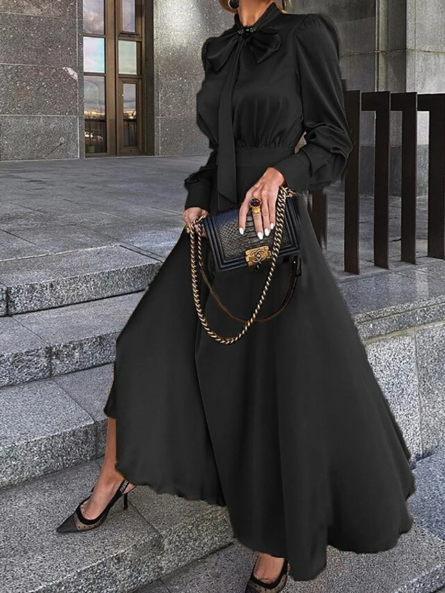 Women's Sheath Dress Maxi Long Dress Yellow Black Red Long Sleeve Ruched Bow Summer Round Neck Hot Casual Slim 2021 S M L XL 4 Women's Sheath Dress Maxi Long Dress Yellow Black Red Long Sleeve Ruched Bow Summer Round Neck Hot Casual Slim 2021 S M L XL - Image 2
