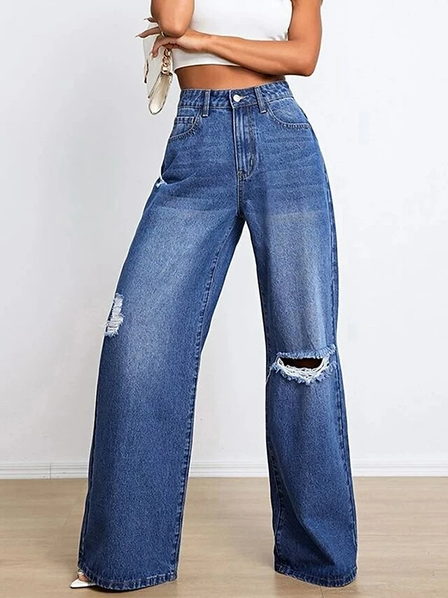 Women's Jeans Culottes Wide Leg Full Length Cotton Denim Ripped Micro-elastic High Waist Fashion Streetwear Outdoor Causal Navy Blue S M Fall Winter 4 Women's Jeans Culottes Wide Leg Full Length Cotton Denim Ripped Micro-elastic High Waist Fashion Streetwear Outdoor Causal Navy Blue S M Fall Winter - Image 2