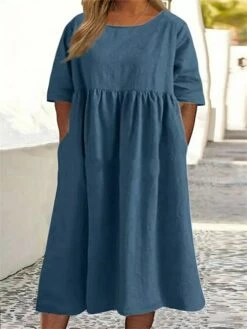 Women‘s Plus Size Curve Casual Dress Solid Color Midi Dress Half Sleeve Ruched Pocket Crew Neck Fashion Outdoor Green Black Summer Spring L XL XXL 3XL 4XL -LIGHTINTHEBOX Shop zzjqvb1678867643373